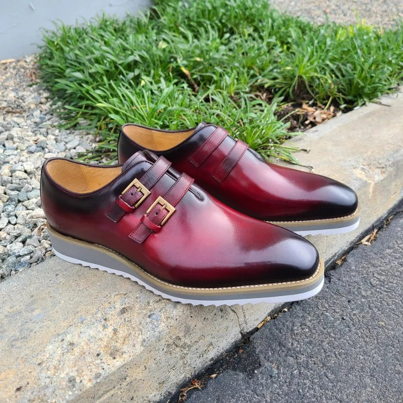 Carrucci Burgundy Burnished Double Monk Whole Cut Loafer Leather Men's casual shoes - Design Menswear