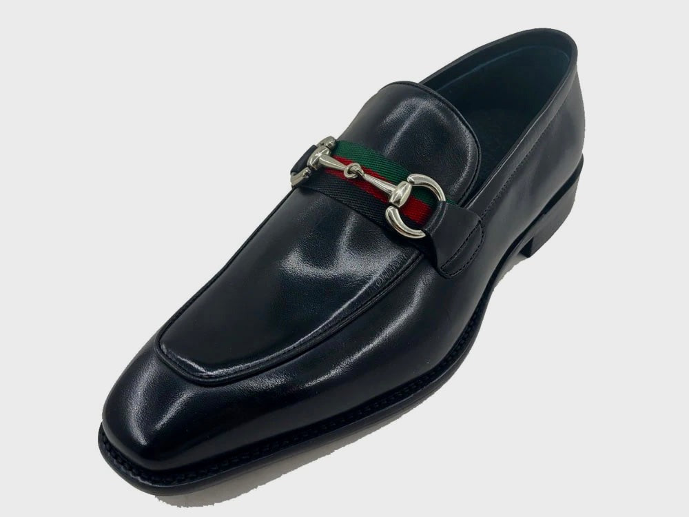 Carrucci cognac calfskin leather men's slip on dress shoes red and green strip