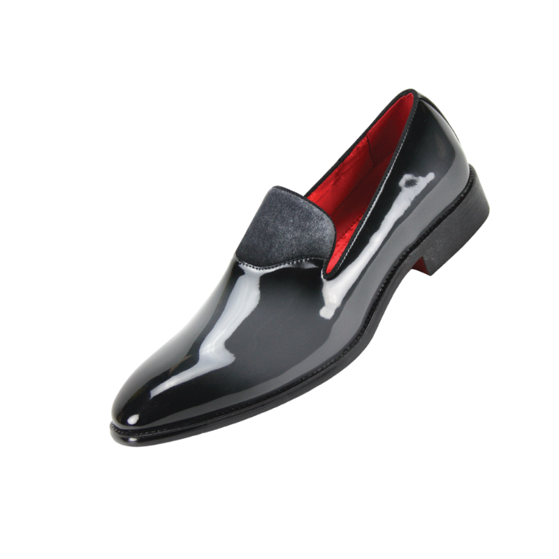 Globe footwear men's grey smokers patent leather shinny shoe with velvet