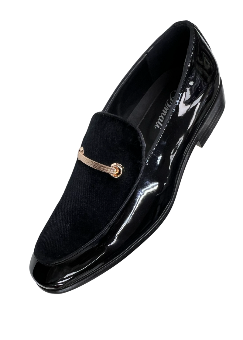 Men's Black Velvet and Patent Leather Loafer Slip On Fancy Style Rose Gold Buckle - Design Menswear
