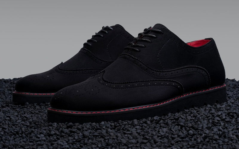 Men's Black suede wingtip men's casual shoes with red stitch made by tayno