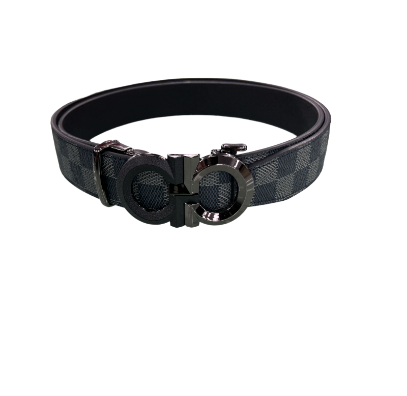 Men's Gray Printed Belt Genuine Leather Black and Sliver Buckle - Design Menswear