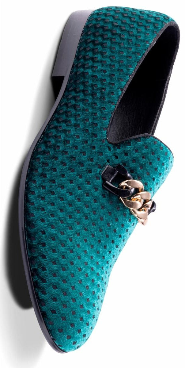 Montique Men's Emerald Green Velvet Material Slip-on Shoe Gold Chain Luxury Loafer