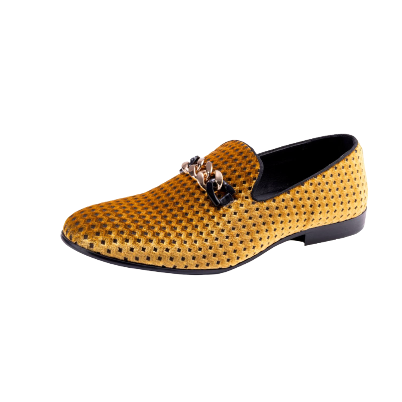 Montique Men's Gold Velvet Material Slip-on Shoe Gold Chain Fashion Design