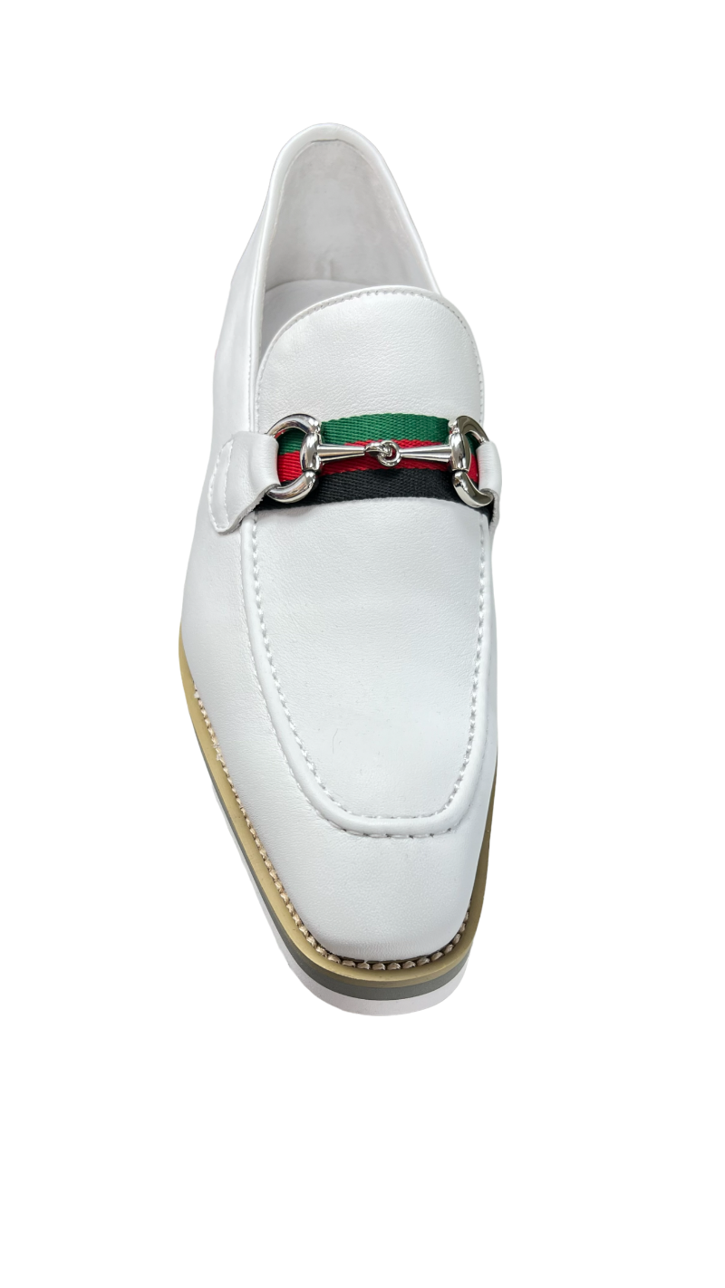 White Carrucci Loafer Leather Men's casual shoes Silver Buckle Red and Green Trim - Design Menswear
