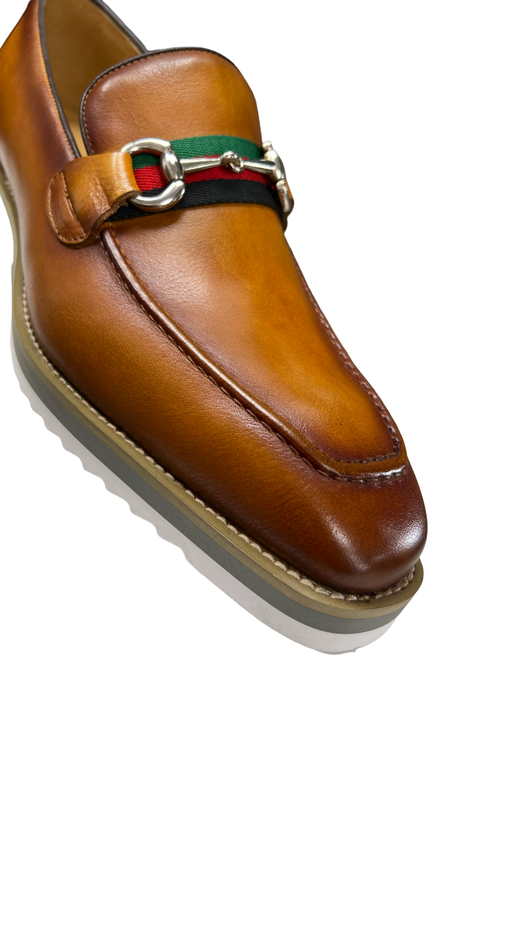 Carrucci cognac Loafer Leather Men's casual shoes Silver Buckle Red and Green Trim - Design Menswear