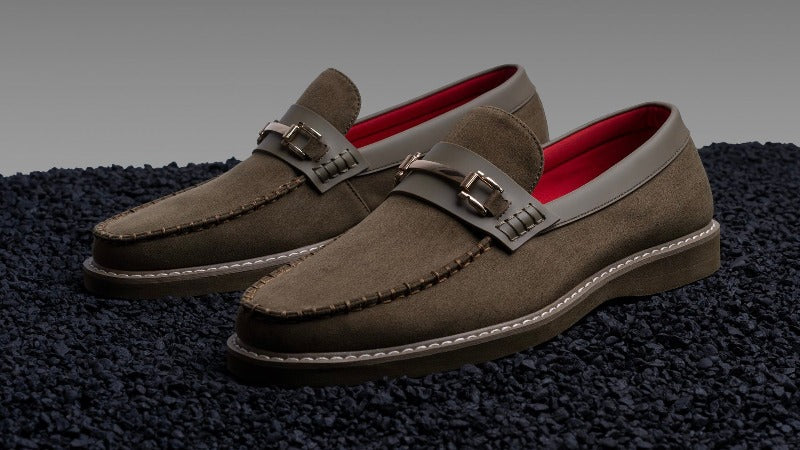 Men's suede olive green slip on loafer casual shoe with gold buckle