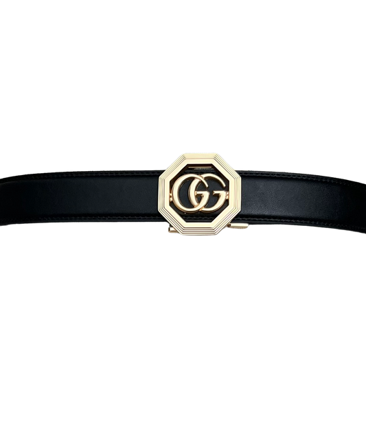 Black Men's Belt Leathers Slide Ratchet Genuine Leather GG Gold Buckle - Design Menswear