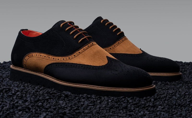 Black and cognac suede tow-tone wingtip men's casual shoes