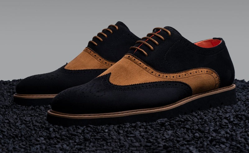 Black and cognac suede tow-tone wingtip men's casual shoes