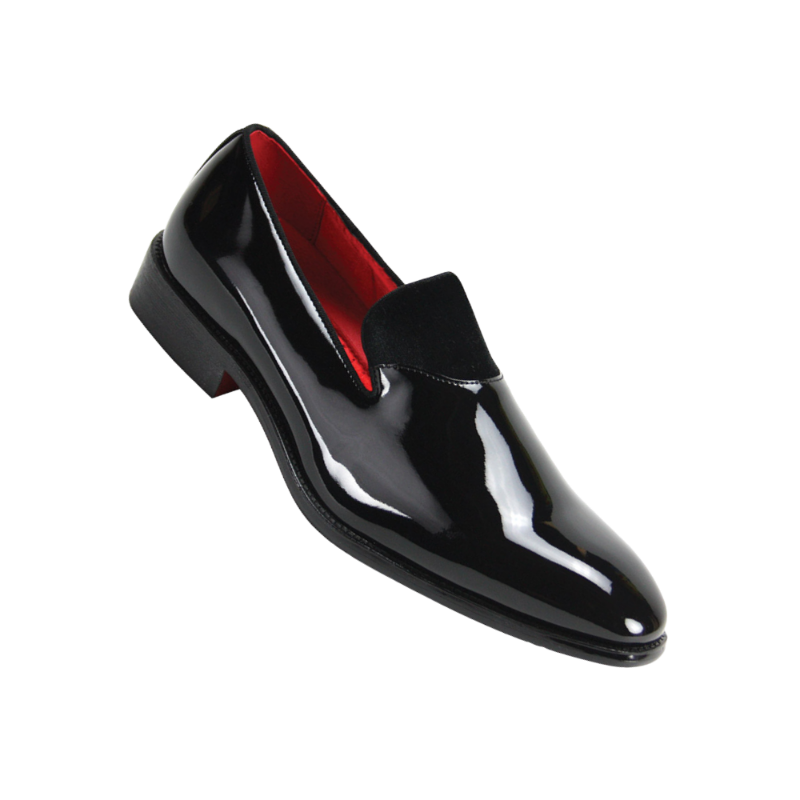 Black men's patent leather tuxedo shoes with velvet by globe footwear