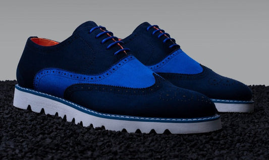 Men's blue lace-up wingtip suede two tone casual shoe