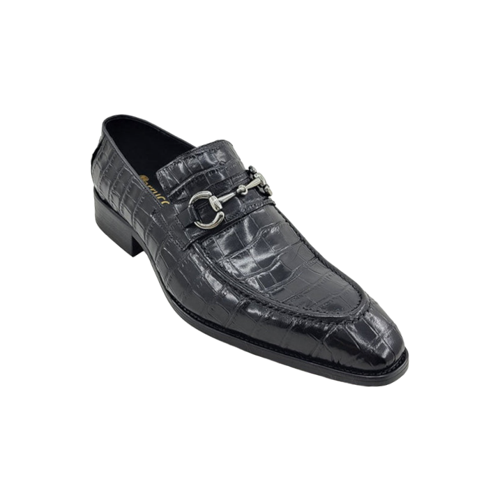 Carrucci Black Embossed Leather Men's Dress Shoes Silver Buckle - Design Menswear