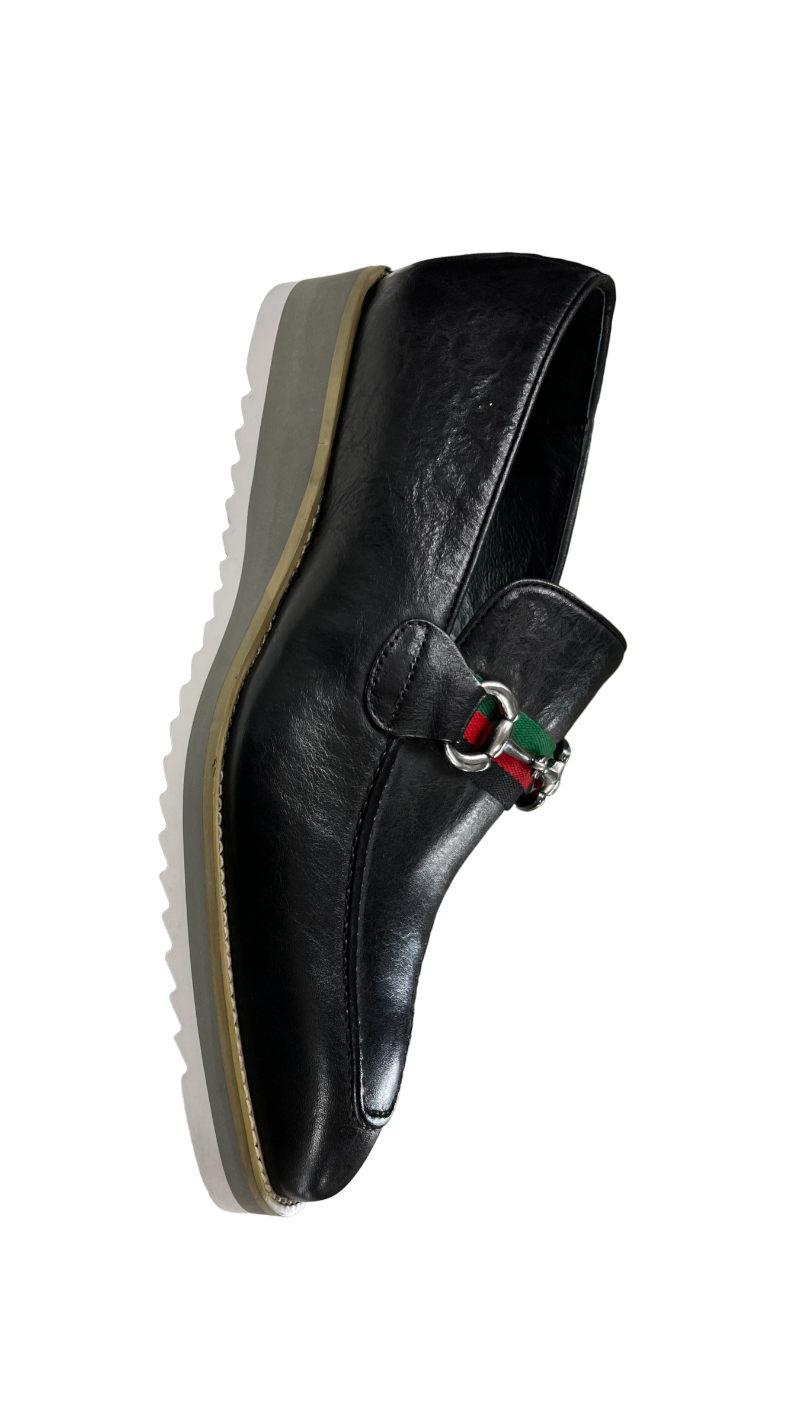 Carrucci Loafer Black Leather Men's Slip On Silver Buckle Red and Green Trim - Design Menswear