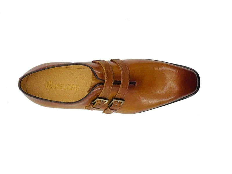 Carrucci Cognac Loafer Burnished Double Monk Leather Casual Shoes - Design Menswear