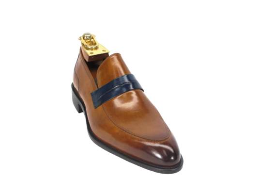 Carrucci Cognac Men's Dress Shoe Genuine Calfskin Leather Slip-on Contrast Penny Loafer