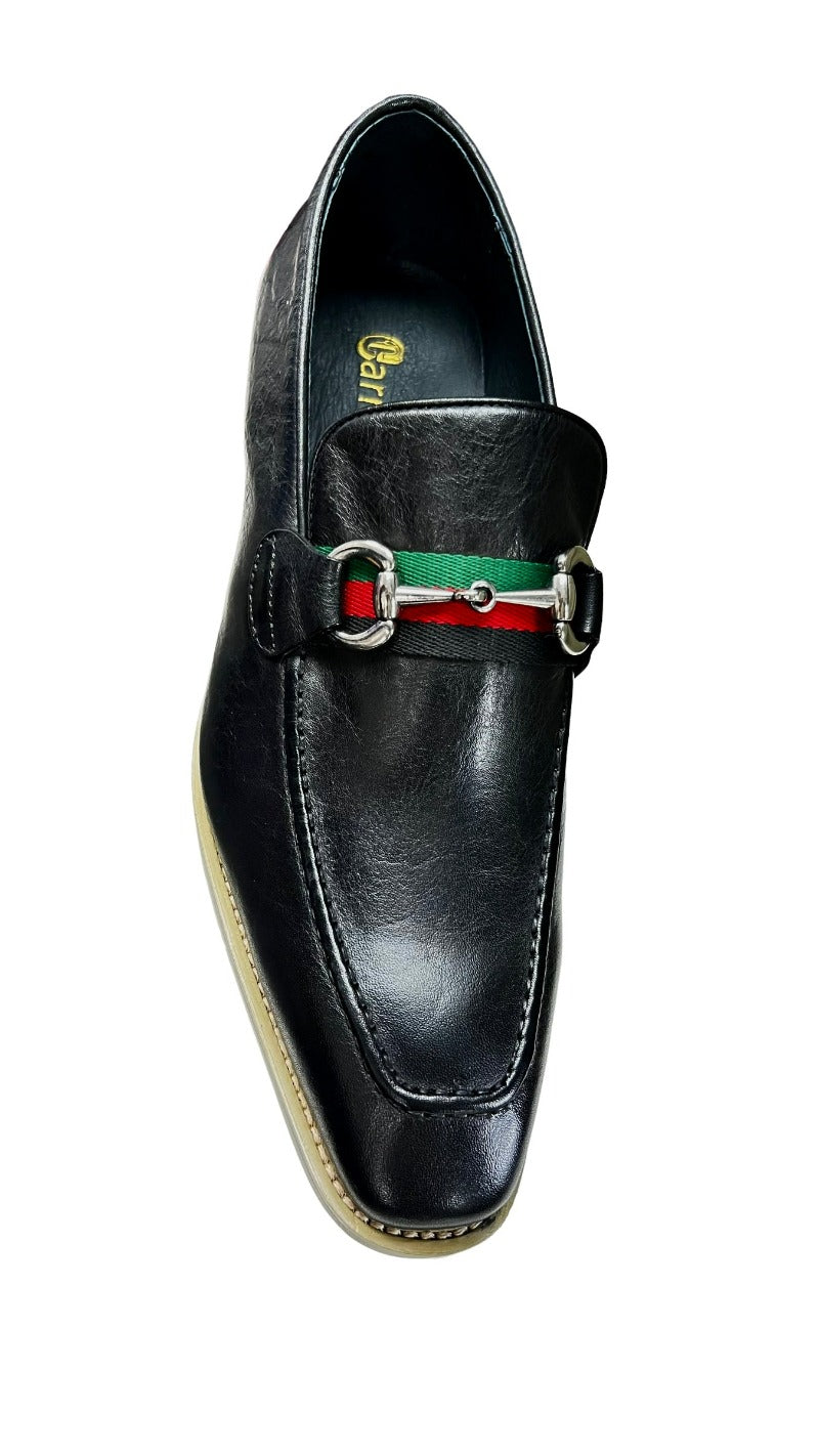 Carrucci Loafer Black Leather Men's Slip On Silver Buckle Red and Green Trim - Design Menswear