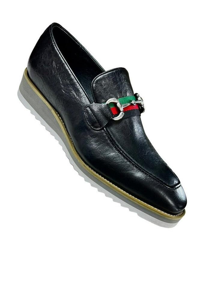 Carrucci Loafer Black Leather Men's Slip On Silver Buckle Red and Green Trim - Design Menswear