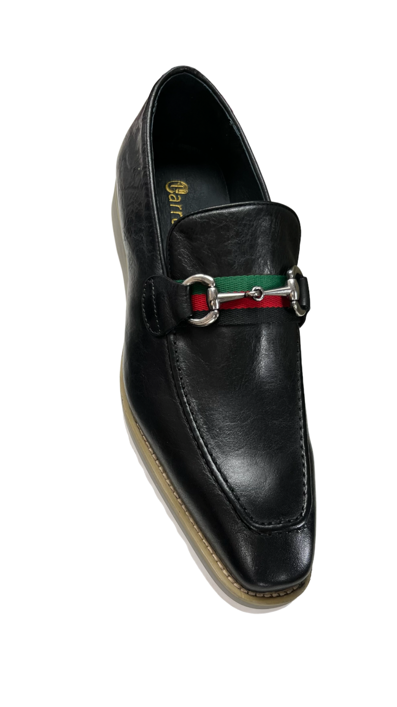 Carrucci Loafer Black Leather Men's Slip On Silver Buckle Red and Green Trim - Design Menswear