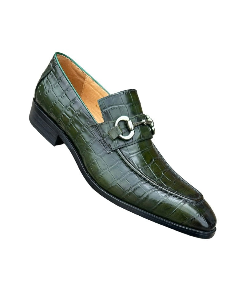 Carrucci Olive Embossed Leather Men's Dress Shoes Silver Buckle