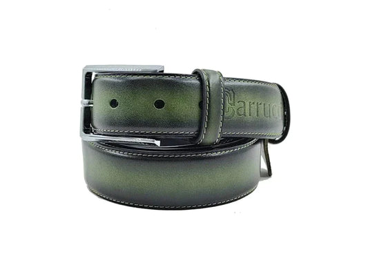 Carrucci Olive Green Men's Belt Genuine Leather silver Buckle