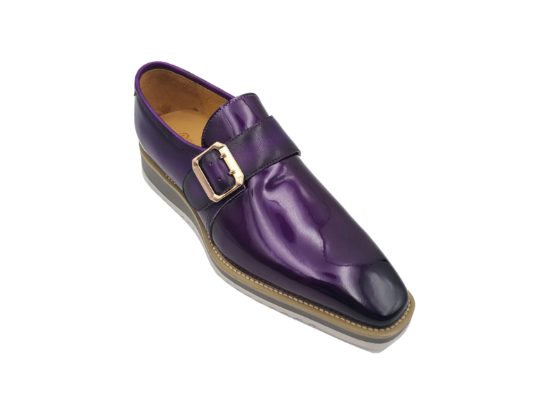 Carrucci Purple Slip-on Men's Monkstraps Patent Leather Shoe Gold Buckle