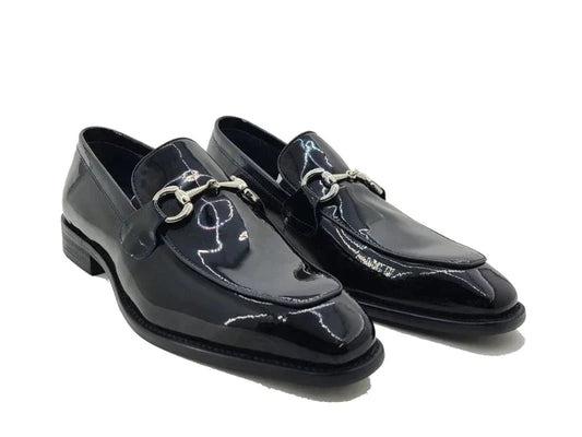 Carrucci black patent leather men's black shiny slip on dress Shoe sliver Buckle