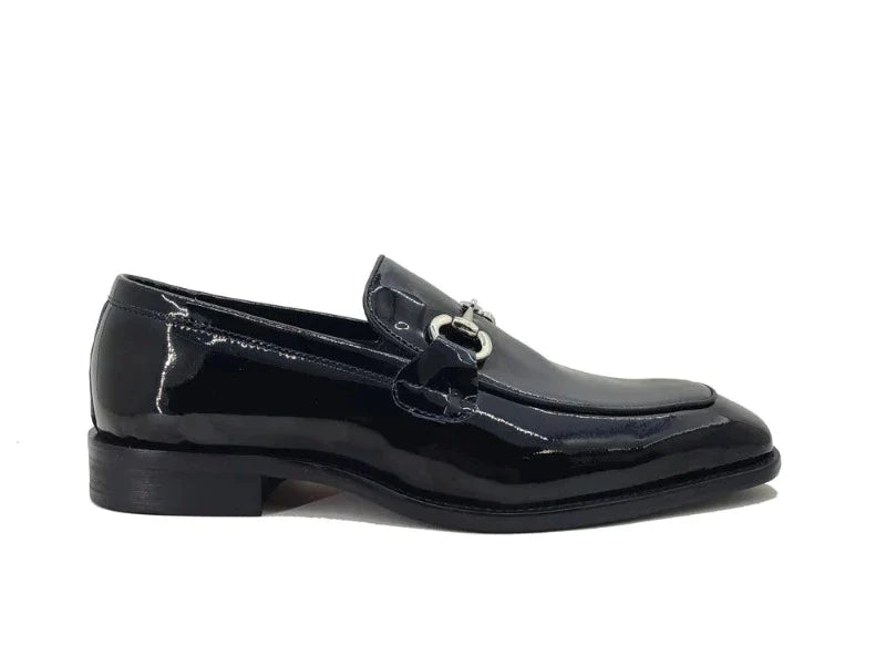 Carrucci black patent leather men's black shiny slip on dress Shoe sliver Buckle