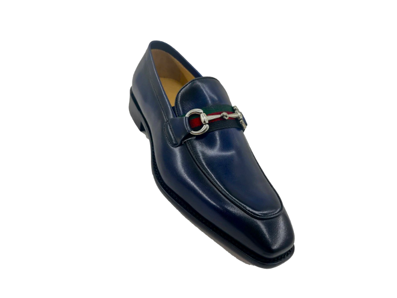 Carrucci blue calfskin leather men's slip on dress shoes red and green strip