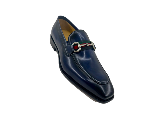 Carrucci blue calfskin leather men's slip on dress shoes red and green strip