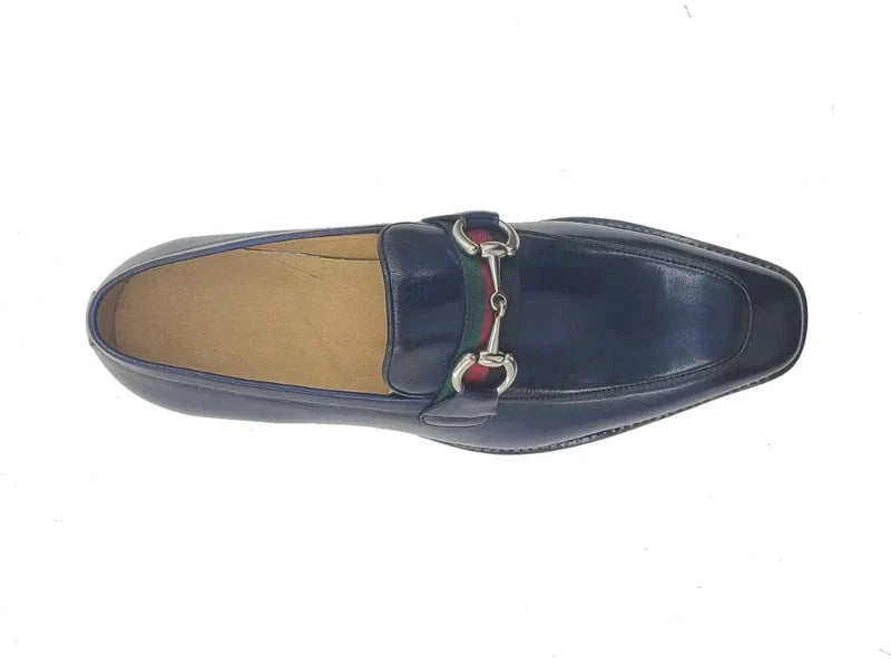 Carrucci blue calfskin leather men's slip on dress shoes red and green strip