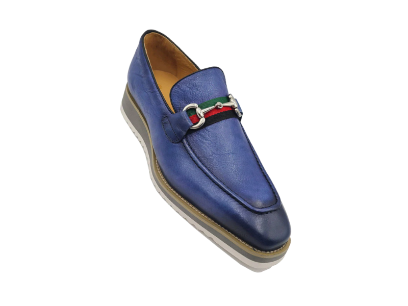 Carrucci blue jeans men's casual shoes genuine leather loafer red and green trim