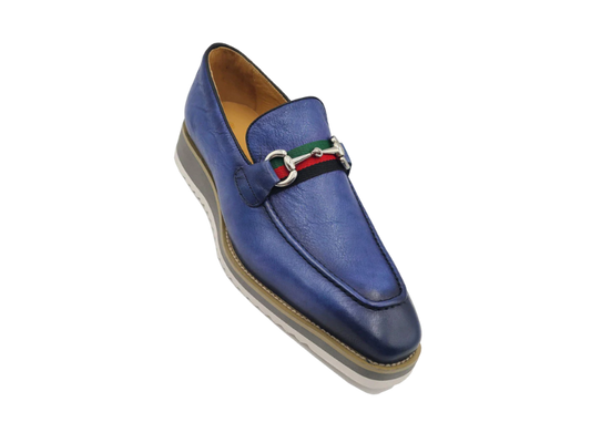 Carrucci blue jeans men's casual shoes genuine leather loafer red and green trim