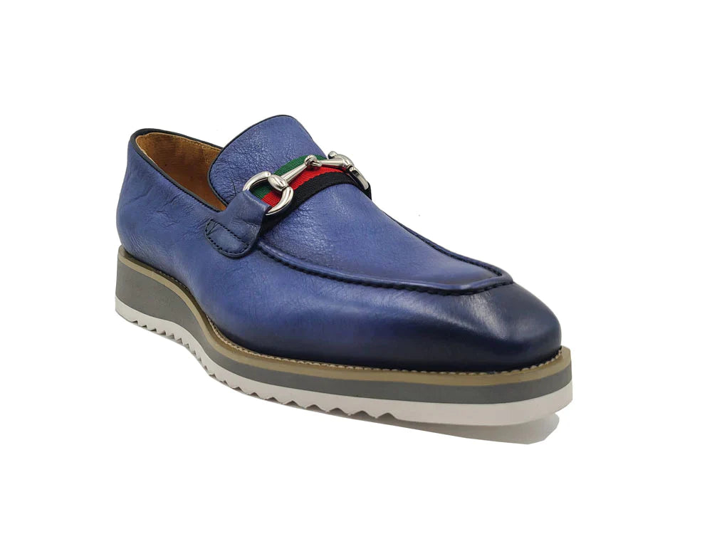 Carrucci blue jeans men's casual shoes genuine leather loafer red and green trim