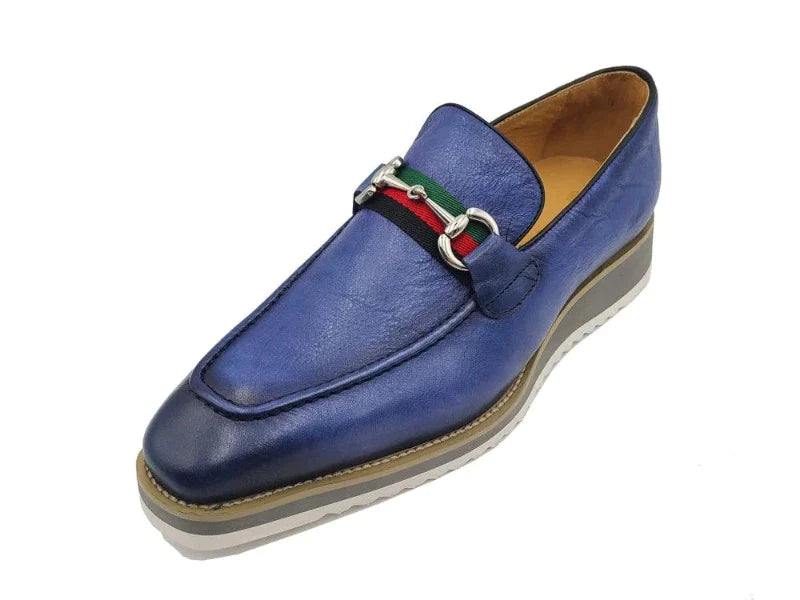 Carrucci blue jeans men's casual shoes genuine leather loafer red and green trim