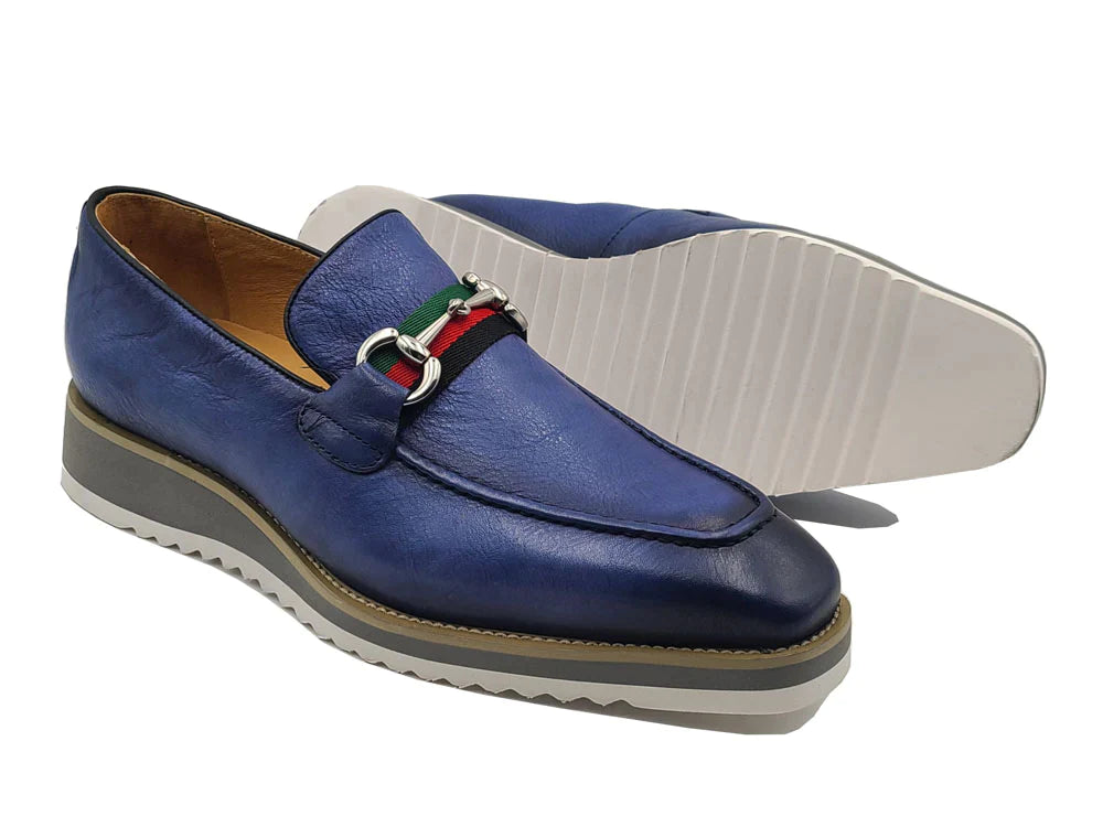 Carrucci blue jeans men's casual shoes genuine leather loafer red and green trim