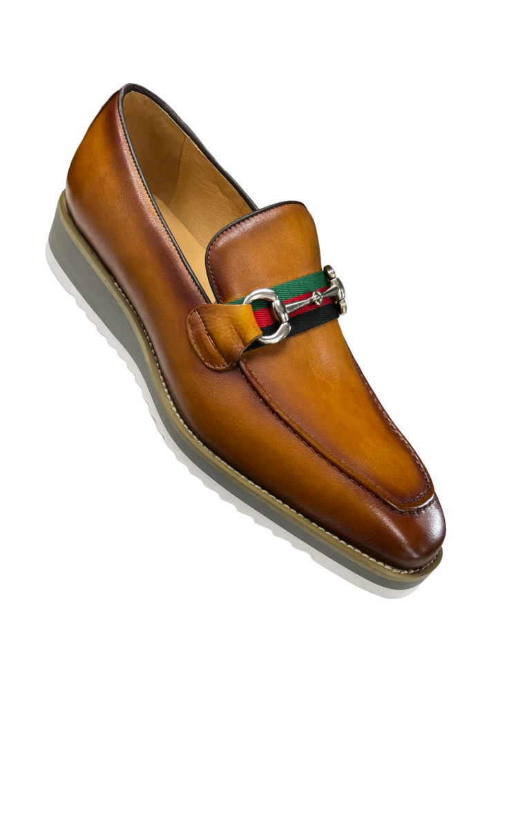 Carrucci cognac Loafer Leather Men's casual shoes Silver Buckle Red and Green Trim - Design Menswear