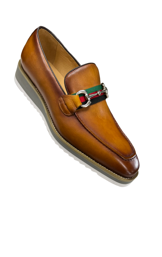 Carrucci cognac Loafer Leather Men's casual shoes Silver Buckle Red and Green Trim - Design Menswear