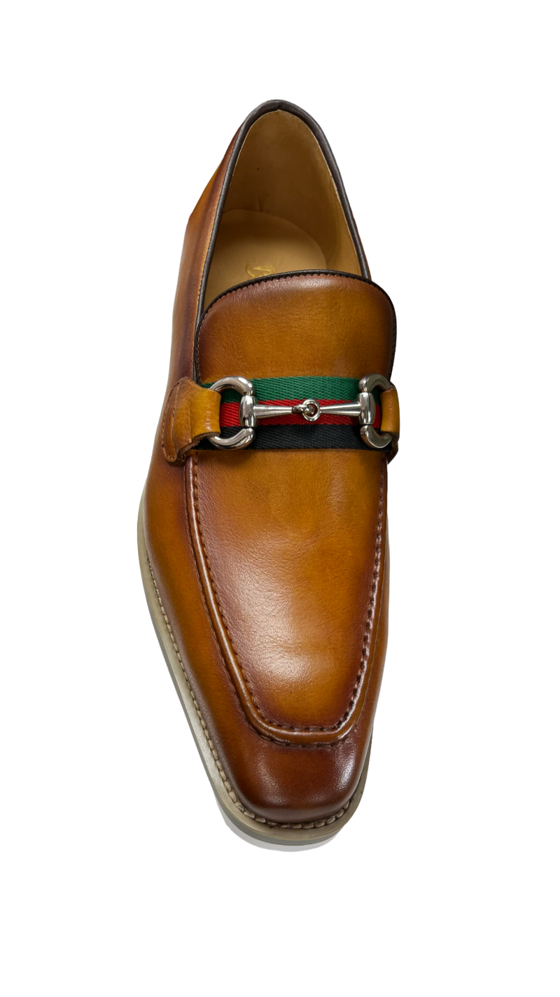 Carrucci cognac Loafer Leather Men's casual shoes Silver Buckle Red and Green Trim - Design Menswear