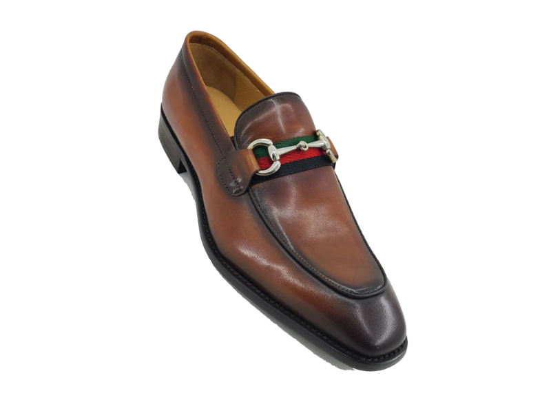 Carrucci cognac calfskin leather men's slip on dress shoes red and green strip