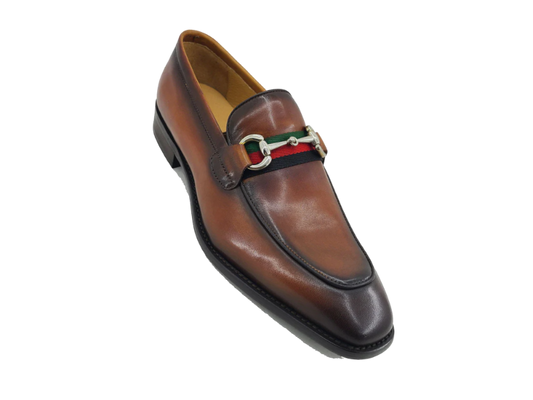 Carrucci cognac calfskin leather men's slip on dress shoes red and green strip