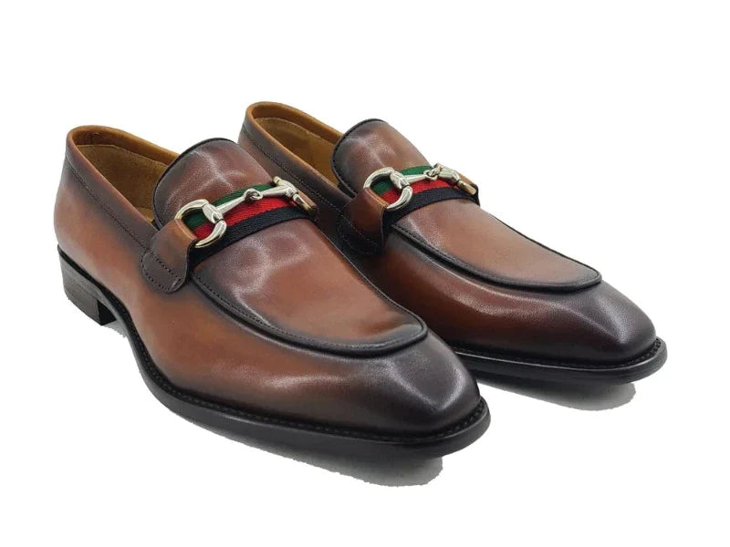 Carrucci cognac calfskin leather men's slip on dress shoes red and green strip