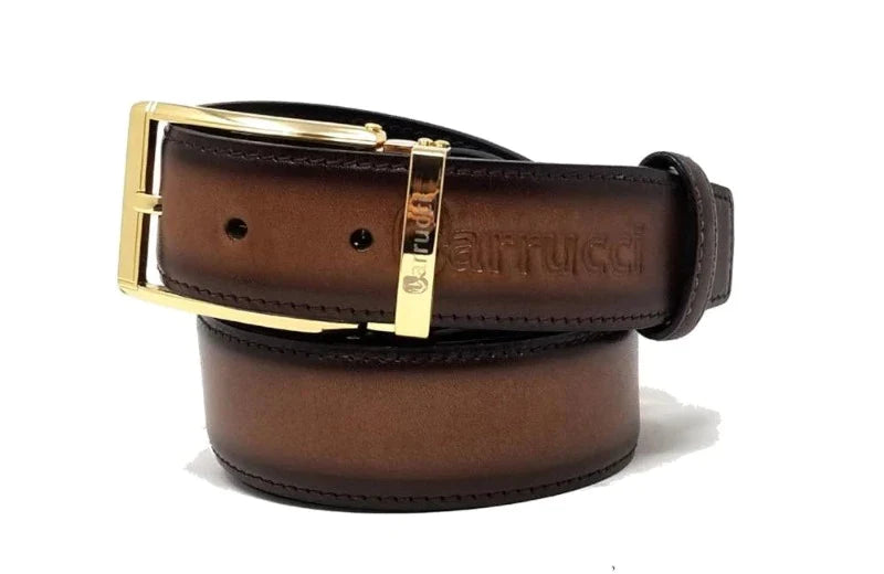 Carrucci cognac men's dress belt genuine leather silver buckle