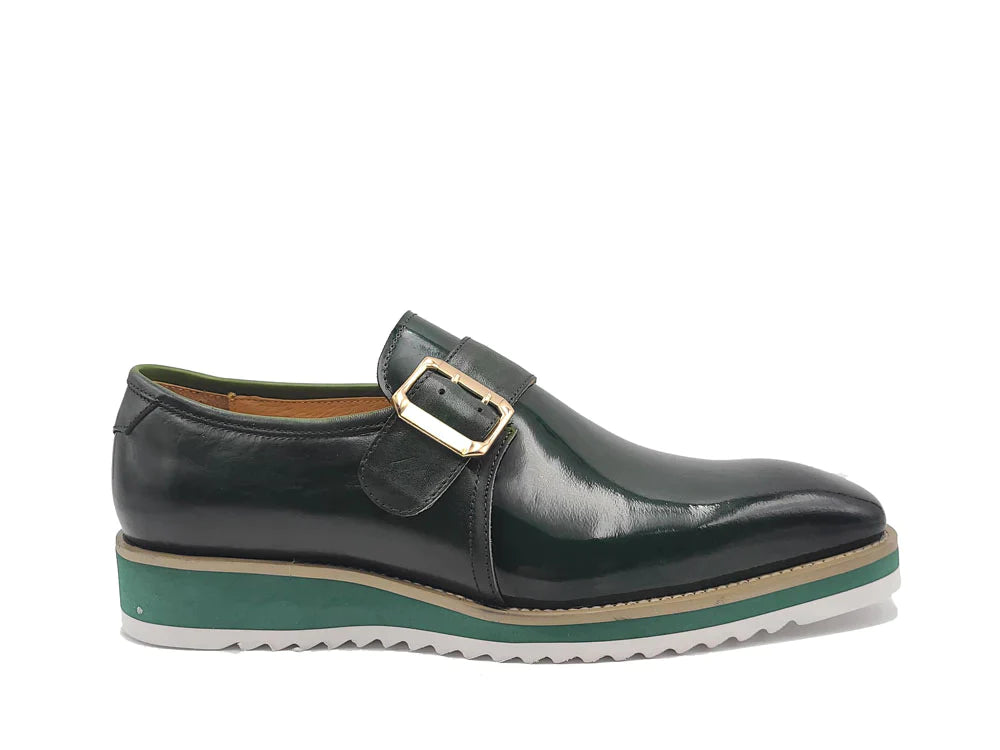 Carrucci men's green casual shoes monk strap genuine patent Leather loafer