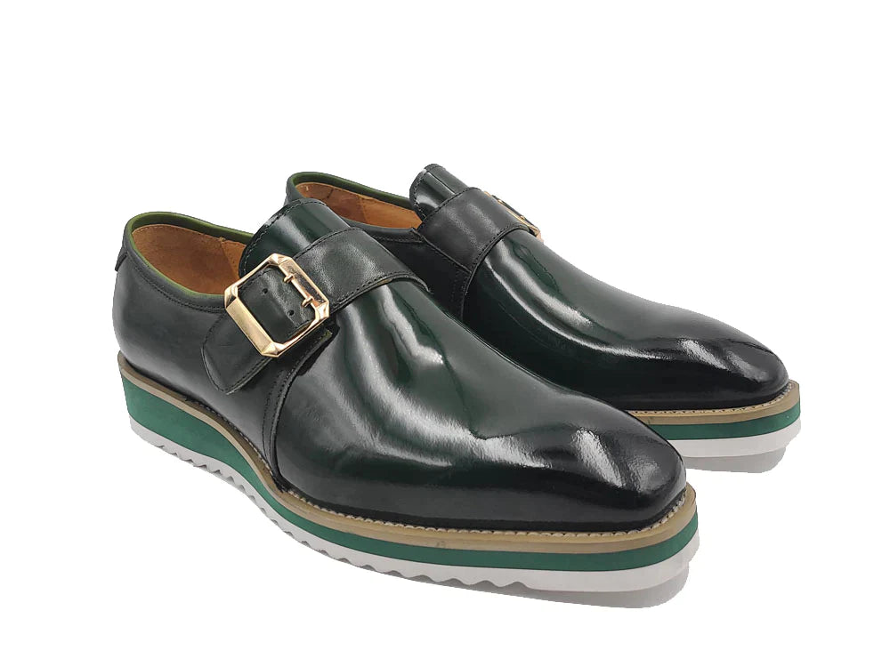 Carrucci men's green casual shoes monk strap genuine patent Leather loafer