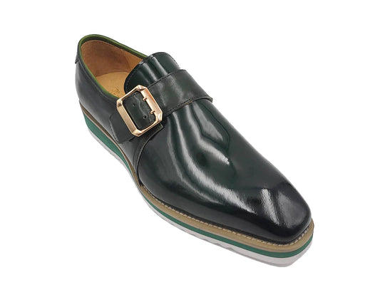 Carrucci men's green casual shoes monk strap genuine patent Leather loafer