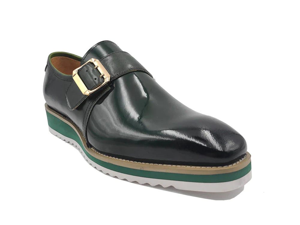 Carrucci men's green casual shoes monk strap genuine patent Leather loafer