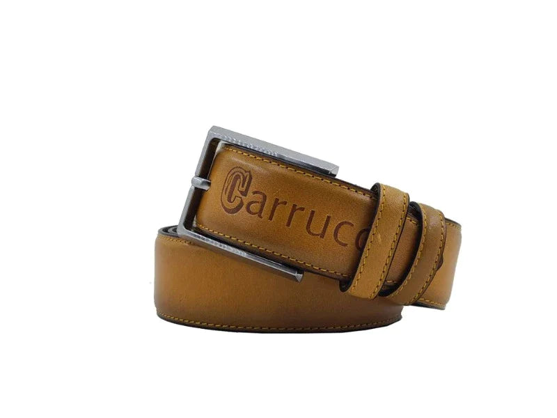 Carrucci mustard men's dress belt genuine leather silver buckle