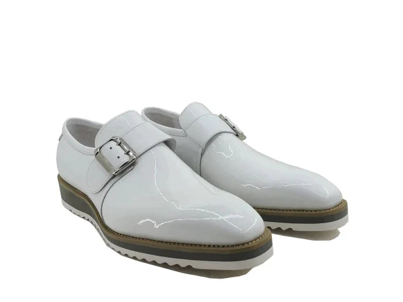 Carrucci White Men's Patent Leather Casual Shoe Monkstrap Gold Buckle