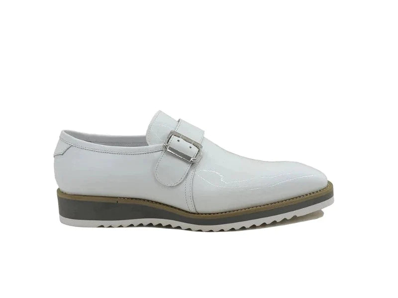 Carrucci White Men's Patent Leather Casual Shoe Monkstrap Gold Buckle